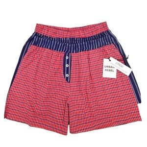 2 Cotton Sleep Shorts Womens (L) Pajama Boxer Pockets Red Gingham & Blue Striped